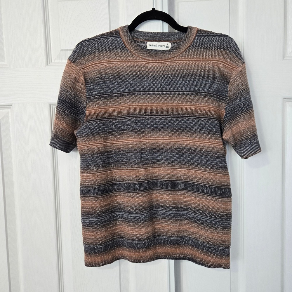 Mutual Weave Mens Small Brown Striped Short Sleeve 100% Cotton Knit Sweater S